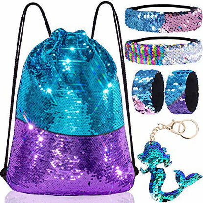 Picture of Mermaid Reversible Sequin Drawstring Backpack/Bag Blue/Purple for Kids Girls