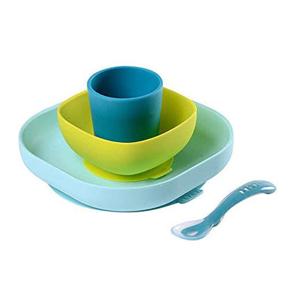 Picture of BEABA Silicone 4-Piece Dishware - 100% Silicone Baby Plate Set, Baby Bowls - Includes Baby Plate, Baby Bowl, Baby Cup, 2nd STG Silicone Spoon, Peacock