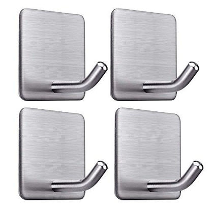 Picture of Heavy Duty Adhesive Hooks Towel Hook Stick on Hooks Wall Hangers Waterproof Stainless Steel Sticky Hooks for Hanging Bathroom Kitchen Home-4 Packs