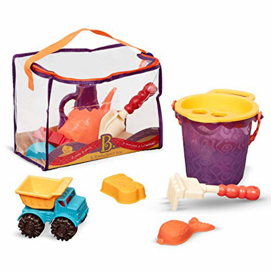 Picture of B. toys - B. Ready Beach Bag - Beach Tote with Mesh Panel and 11 Funky Sand Toys - Phthalates and BPA Free - 18 m+, Purple Bucket