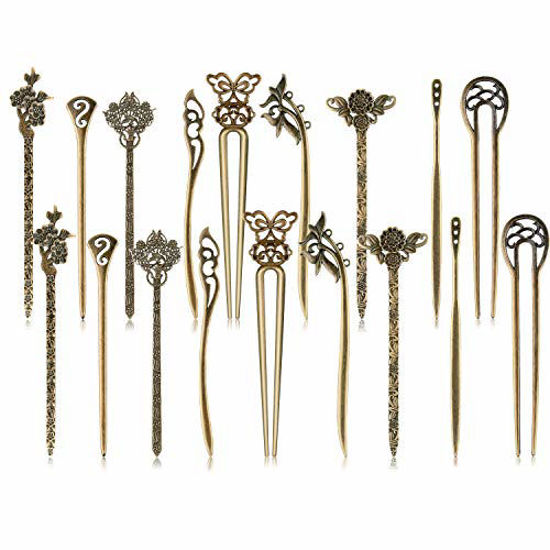 Picture of TUPARKA 18 PCS Hair Sticks Antique Bronze Hair Pin Chinese Women Hair Chopsticks Pins Retro Vintage Decorative for Hair Diy Accessory