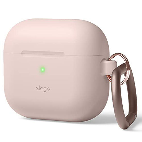 Picture of elago Silicone Case Compatible with AirPods 3 Case Cover - Compatible with AirPods 3rd Generation, Carabiner Included, Supports Wireless Charging, Shock Resistant, Full Protection (Sand Pink)