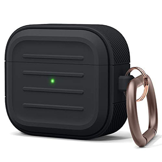 Picture of elago Armor Case Compatible with AirPods 3rd Generation Case - Compatible with AirPods 3 Case, Carabiner Included, Supports Wireless Charging, Shock Resistant, Easily Cleaned, Full Protection (Black)