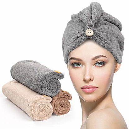 Picture of Microfiber Hair Towel 3 Pack, YFONG Hair Towel with Button, Super Absorbent Hair Towel Wrap for Curly Hair, Fast Drying Hair Wraps for Women, Anti Frizz Microfiber Towel