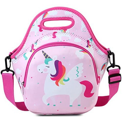 Picture of Lunch Bag for Girls,RAVUO Lightweight Neoprene Lunch Box for Kids Cute Unicorn Reusable Lunch Tote with Detachable Shoulder Strap