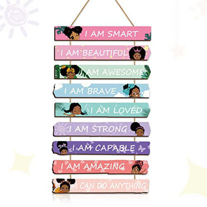 Picture of Set of 9 Black Girl Wall Art Decor Wood Motivational Girl Room Wall Art Rainbow Color Positive Inspirational Wall Hanging Sign for Baby Kids Teen Present Bedroom Nursery Decoration