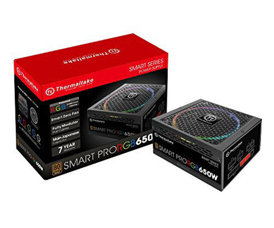 Picture of Thermaltake Smart Pro RGB 650W 80+ Bronze Certified PSU. Ultra Quiet Smart Zero 256-Color RGB, Fan Fully Modular, ATX 12V 2.4/EPS 12V 2.92 Power Supply. 7 Year Warranty PS-SPR-0650FPCBUS-R