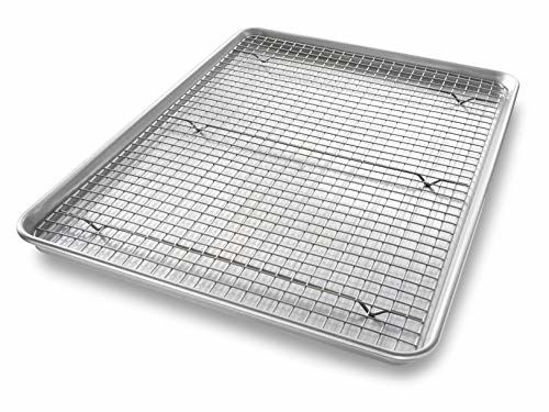 Picture of USA Pan 1607CR Bakeware Extra Large Sheet Baking Pan and Bakeable Nonstick Cooling Rack Set, XL, Metal