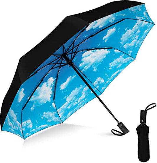 Picture of Rain-Mate Compact Travel Umbrella - Pocket Portable Folding Windproof Mini Umbrella - Auto Open and Close Button and 9 Rib Reinforced Canopy (Blue Sky)