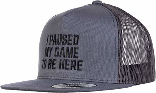 Picture of I Paused My Game to Be Here | Funny Video Gamer Humor Joke for Men Women Hat Cap-(Trucker, 2 Tone) Grey/Black