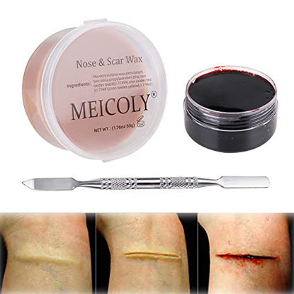Picture of MEICOLY Scar Wax Kit Makeup Skin Wax(1.67Oz) Special Effects Halloween Stage Fake Wound Molding Scar with Spatula,Scab Coagulated Blood Gel(1.06Oz),01
