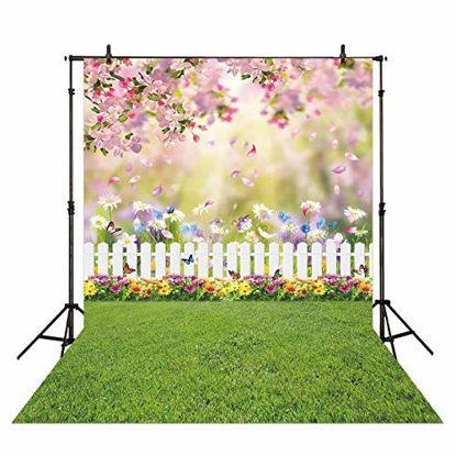 Picture of Allenjoy 5x7ft Spring Easter Garden Photography Backdrop Green Grass Lawn Pink Floral Butterfly Fence Background Baby Girl Kids Children Portrait Party Decorations Banner Photo Booth Studio Props