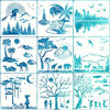 Picture of Keeoye 9 Pieces Forest Landscape Stencil Mountains Rivers Stencils Reusable Human Nature Templates DIY Elephant Animal Drawing Template with Metal Open Ring for Painting on Wood Wall Decor