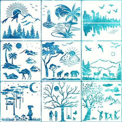 Picture of Keeoye 9 Pieces Forest Landscape Stencil Mountains Rivers Stencils Reusable Human Nature Templates DIY Elephant Animal Drawing Template with Metal Open Ring for Painting on Wood Wall Decor