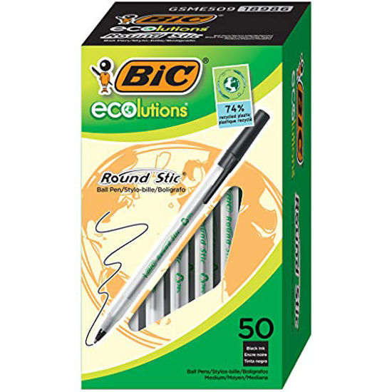 Picture of BIC Ecolutions Round Stic Ballpoint Pen, Medium Point (1.0mm), Black, 50-Count, For a Smooth Writing Experience