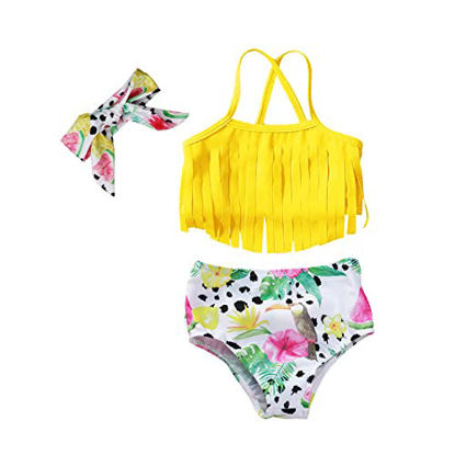 Picture of Infant Baby Girl Bikini Swimsuit Toddler Bathing Suit Tassels Floral Bird Bowknot Swimwear Summer Outfits Set (Yellow, 18-24 Months)