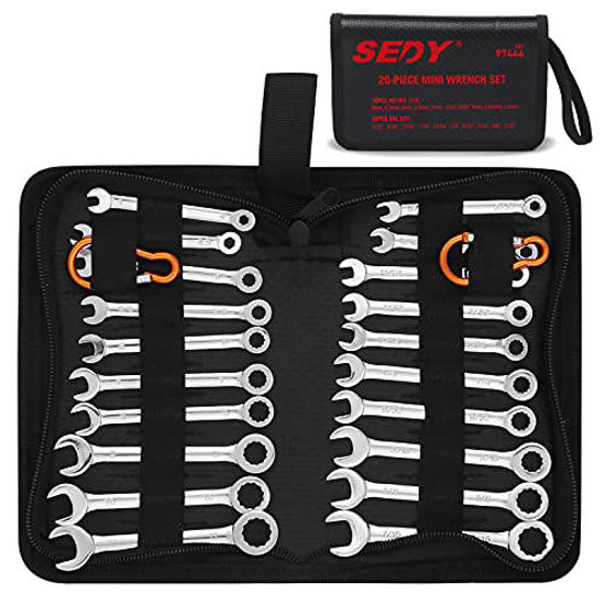 Picture of SEDY 22-Piece Mini Combination Wrench Set, Metric & SAE Ignition Wrench Set, 4-11mm & 5/32'' to 7/16'', Midget Small Wrench Set with Zipper Bag