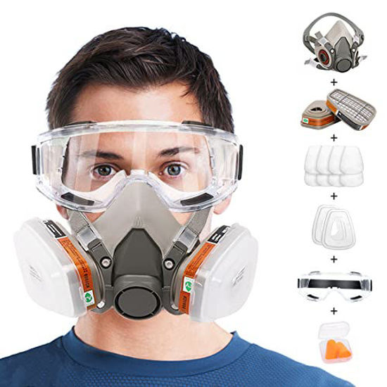 Picture of Reusable Respirators Half Facepiece Cover - ANUNU Chemical Respirator with Filters/Goggle Against Dust Organic Gas Vapors for Epoxy Resin Welding Woodworking