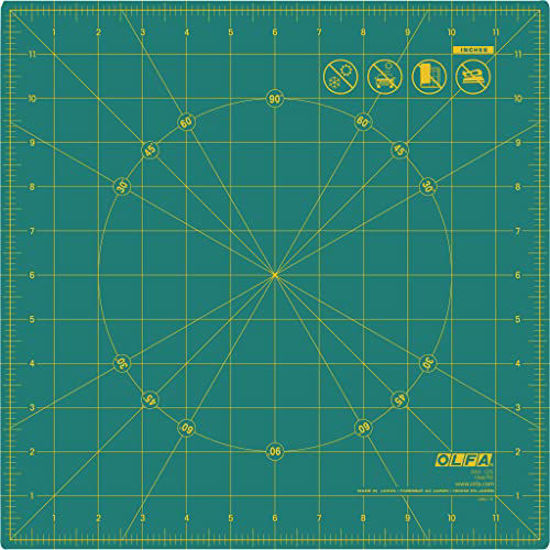 Picture of OLFA 12" x 12" Rotating Cutting Mat (RM-12S) - Self Healing 12x12 Inch Square Rotary Mat with Grid for Fabric, Sewing, Quilting, & Crafts, Rotates 360 Degrees, Use with Rotary Cutters (Green)