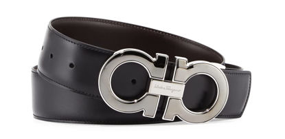 Picture of SALVATORE FERRAGAMO Men's Reversible Leather Gancini-Buckle Belt, Black/Brown Silver Buckle (95)