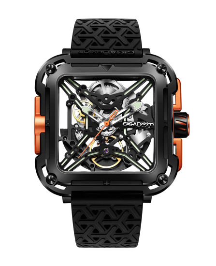 Picture of CIGA Design Mechanical Automatic Watch X Series SUV Inspired Anti-Shock Design Sapphire Crystal Analog Skeleton Watches with Silicone and Nylon Strap for Men and Women (Black&Orange)