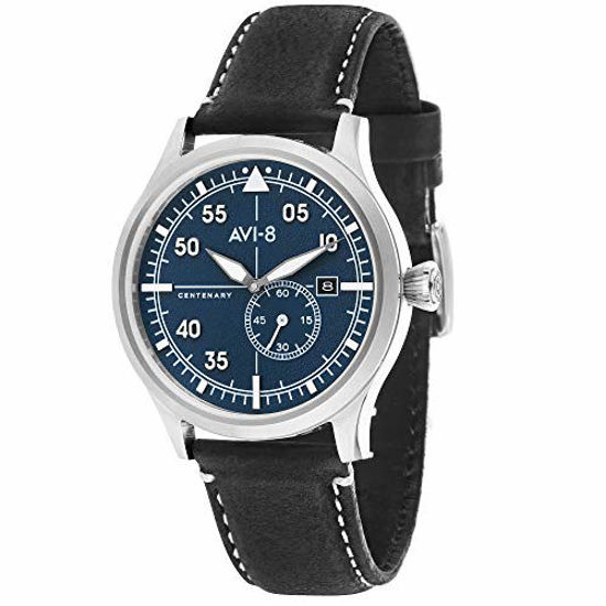 Picture of AVI-8 Men's FLYBOY Centenary 1940's Stainless Steel Japanese-Automatic Aviator Watch with Leather Calfskin Strap, Black, 22 (Model: AV-4059-02)