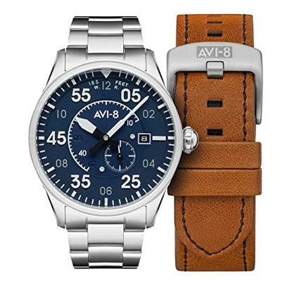 Picture of Men's Spitfire Type 300 Automatic Oxford Blue with Silver-Tone Solid Stainless Steel Bracelet and Brown Genuine Leather Strap Watch 42mm - AV-4073-11