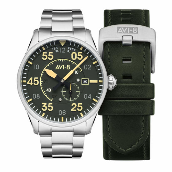 Picture of Men's Spitfire Type 300 Automatic Olive Green with Silver-Tone Solid Stainless Steel Bracelet and Green Genuine Leather Strap Watch 42mm - AV-4073-22