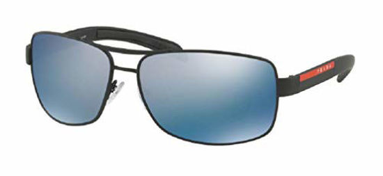 Picture of Prada PS54IS DG02E0 65M Black Rubber/Dark Grey Mirror Water Polarized Rectangle Sunglasses For Men+FREE Complimentary Eyewear Care Kit