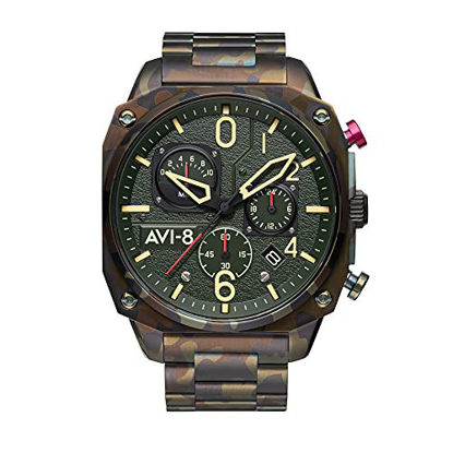 Picture of AVI-8 Mens 45mm Hawker Hunter Retrograde Chronograph Ground Camo Japanese Quartz Pilot Watch with Stainless Steel Bracelet AV-4052-22