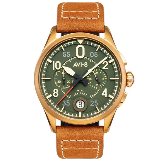 Picture of AVI-8 Mens 42mm Spitfire Lock Chronograph Bronze Green Japanese Quartz Pilot Watch with Leather Strap AV-4089-02