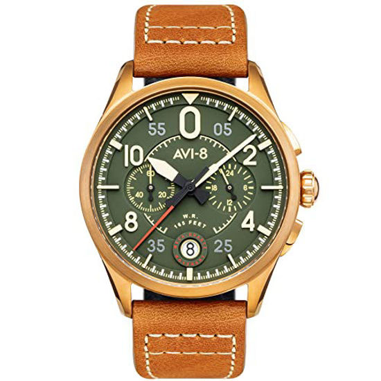 Picture of AVI-8 Spitfire AV-4089-02 Lock Bronze Green Japanese Meca-Quartz Chronograph Watch | Stainless Steel/Tan/Green