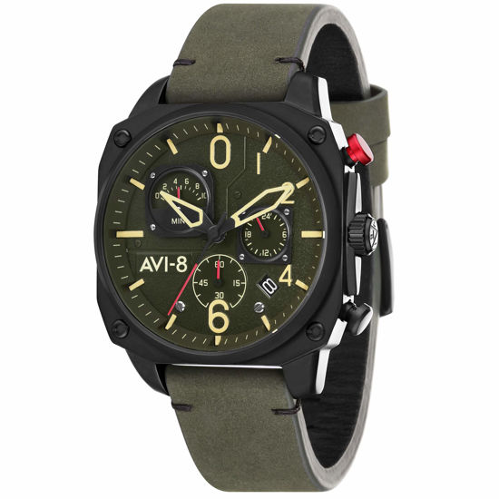 Picture of AVI-8 Mens 45mm Hawker Hunter Retrograde Chronograph Deep Green Black Japanese Quartz Pilot Watch with Leather Strap AV-4052-08