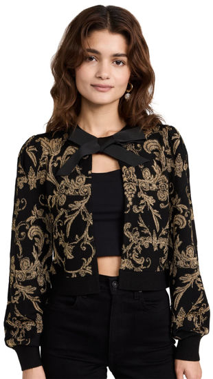 Picture of Alice + Olivia Women's Kitty Puff Sleeve Cardigan, Black/Gold, S