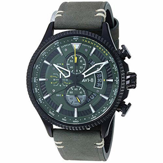 Picture of AVI-8 Men's Hawker Hunter Avon Chronograph Charcoal Green with Green Genuine Leather Strap Watch 45mm - AV-4064-02