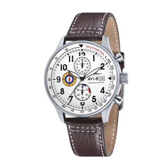 Picture of AVI-8 Mens 42mm Hawker Hurricane Classic Chronograph Classic White Japanese Quartz Pilot Watch with Leather Strap AV-4011-01