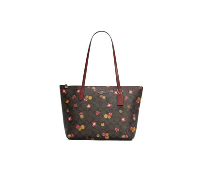 Picture of Coach Zip Top Tote In Signature Canvas With Ornament Print (IM/Brown Black Multi)