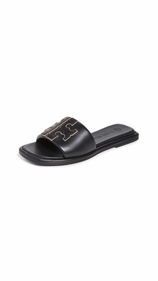 Picture of Tory Burch Women's Double T Sport Slides, Perfect Black/Gold, 11 Medium US