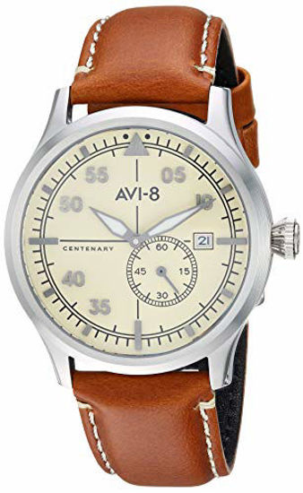 Picture of AVI-8 Men's FLYBOY Centenary 1920's Stainless Steel Japanese-Automatic Aviator Watch with Leather Calfskin Strap, Brown, 22 (Model: AV-4058-02)