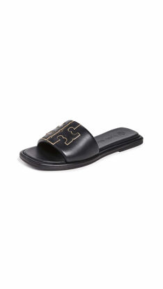 Picture of Tory Burch Women's Double T Sport Slides, Perfect Black/Gold, 6.5 Medium US