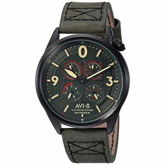 Picture of AVI-8 Men's Lancaster Bomber Stainless Steel Japanese-Quartz Aviator Watch with Leather Calfskin Strap, Grey, 21.4 (Model: AV-4050-03)