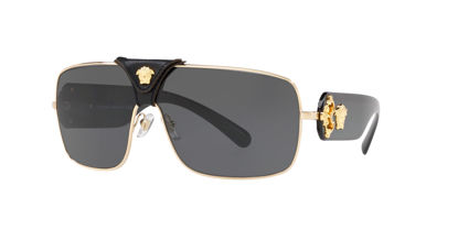 Picture of Versace Squared Baroque VE 2207Q 100287 Gold Black Leather Metal Square Sunglasses Grey Lens