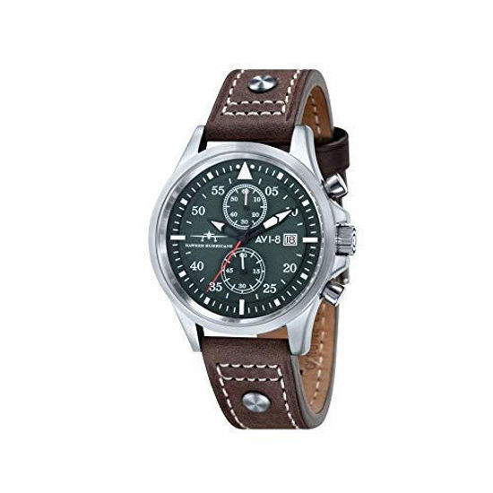 Picture of AVI-8 Men's Hawker Hurricane 45mm Brown Leather Band Steel Case Quartz Green Dial Analog Watch AV-4013-03