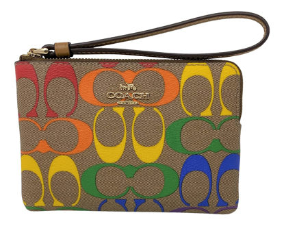 Picture of Coach Corner Zip Wristlet in Rainbow Signature Coated Canvas Light Saddle Style No. 4572