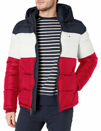 Picture of Tommy Hilfiger Men's Big & Tall Hooded Puffer Jacket, Midnight/White/red, X-Large Tall