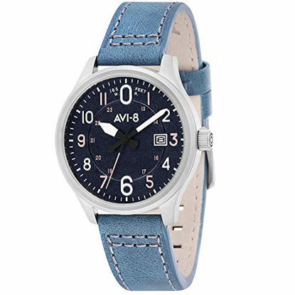 Picture of AVI-8 Men's Hawker Hurricane Stainless Steel Japanese-Quartz Aviator Watch with Leather Strap, Blue, 19.4 (Model: AV-4053-0F)