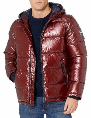 Picture of Tommy Hilfiger Men's Hooded Puffer Jacket, Pearlized Red, Large