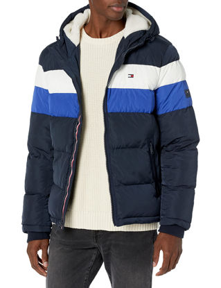 Picture of Tommy Hilfiger Men's Hooded Puffer Jacket, Blue Combo Poly Tech, Small