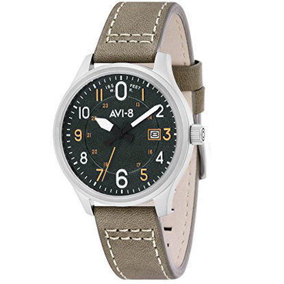 Picture of AVI-8 Men's Hawker Hurricane Stainless Steel Japanese-Quartz Aviator Watch with Leather Calfskin Strap, Green, 22 (Model: AV-4053-0G)