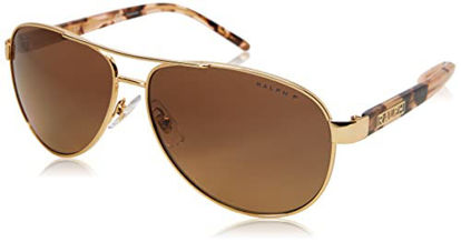 Picture of Ralph by Ralph Lauren Women's RA4004 Aviator Sunglasses, Shiny Gold/Polarized Yellow Gradient Brown, 59 mm